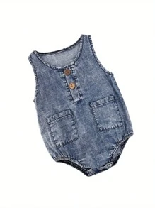 Toddler Summer Playsuits, Baby Denim Blue O-Neck Sleeveless Button Open Rompers For Girls, Boys, 0-12 Months - Màu xanh lam - Xem 5