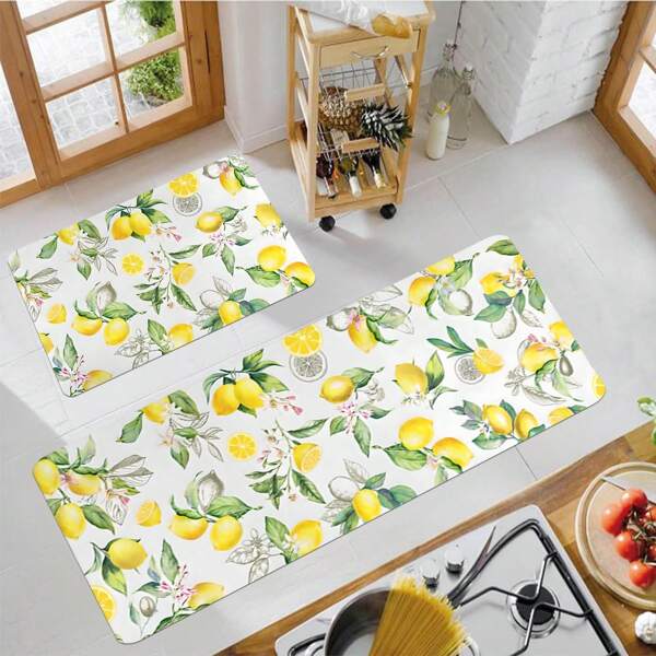 1/2pcs Spring Art Yellow Lemon Pattern Kitchen Rug Set, Non-Slip Absorbent Washable Polyester Carpet, Machine Washable, Suitable For Living Room, Bedroom, Hallway, Laundry, Home Decor