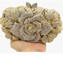 Rose Flower Crystal Purses Sparkly Rhinestone Evening Clutch For Women Wedding Party Cocktail Handbags - 金色 - 查看 4