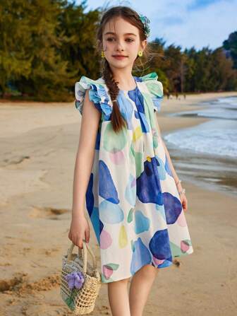 ASK JUNIOR Tween Girls Sleeveless Allover Print Beach Vacation Princess Dress
