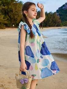 ASK JUNIOR Vestido de playa sin mangas con estampado integral para niñas preadolescentes