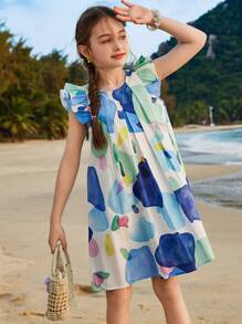 ASK JUNIOR Vestido de playa sin mangas con estampado integral para niñas preadolescentes