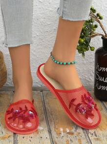 Fashionable New Handmade Beaded Slip-On Slippers, Suitable For Indoor And Outdoor Wear - Red - View 3