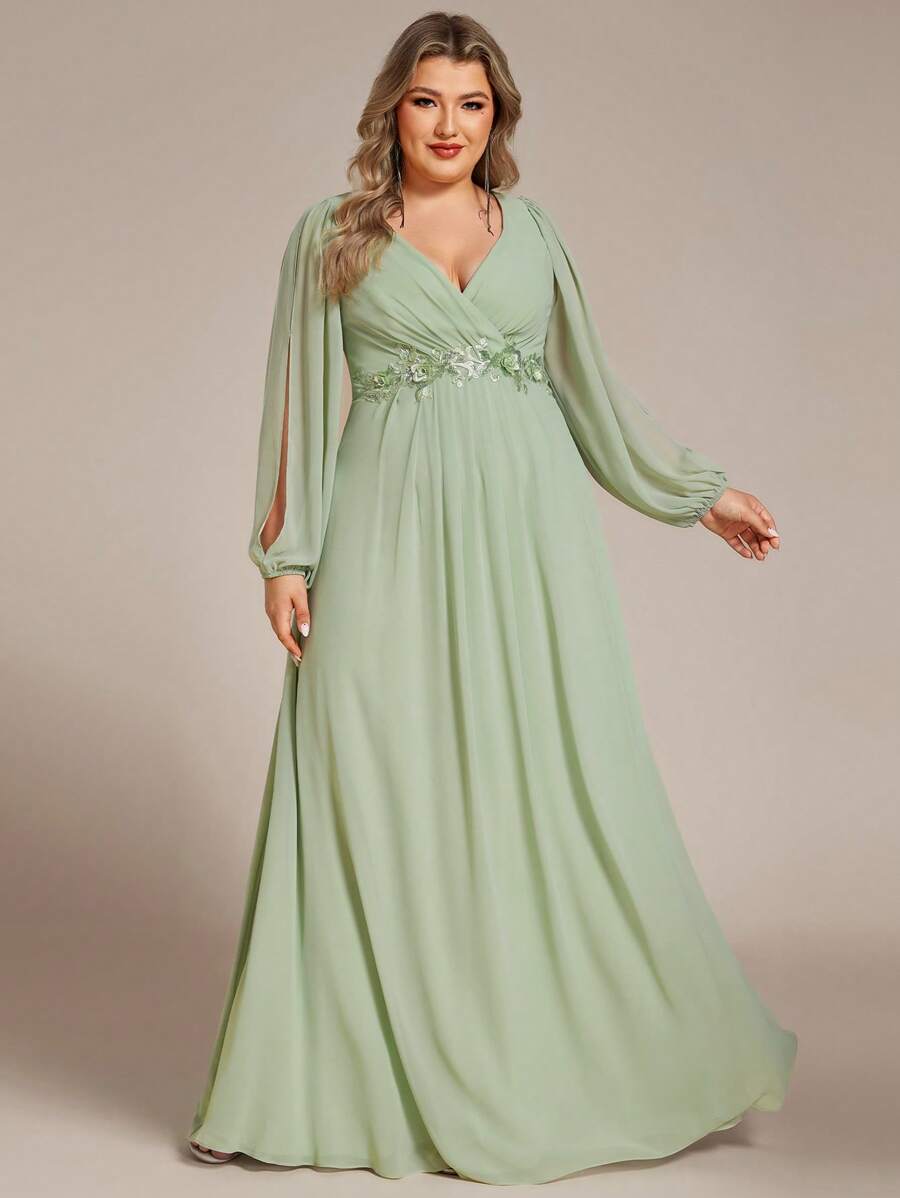 大码女式优雅贴花伴娘礼服 - 薄荷綠 - 查看 1