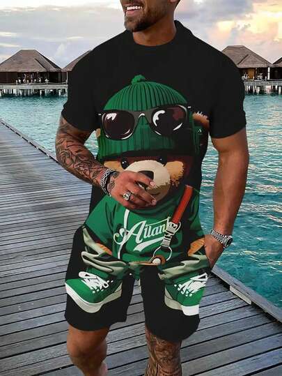 Men's Breathable Outdoor Casual T-Shirt And Shorts Set, Summer Adult 3D Print Clothing