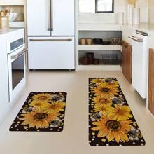 1pc Black Kitchen Rug - Spring Sunflower Pattern, Polyester Non-Slip Soft Lightweight Carpet, Suitable For Entryway, Laundry Room, Bedroom, Rectangular Machine Washable Mat, Ideal Home Decor For All Seasons - Multicolor - View 4