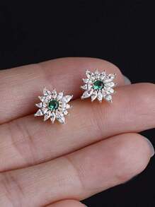 GAGAFEEL A Pair Of Sterling S925 Silver Luxury Elegant Shining Emerald Green Rhombic Zirconia Gold Ear Studs For Women Luxury Fashion Earrings Daily Life Party Jewelry Gift - Silver - View 2