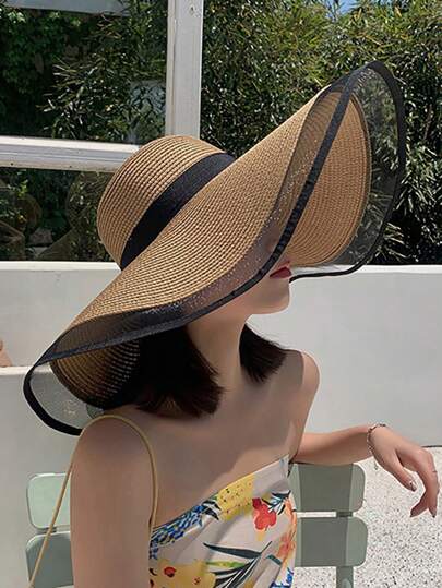 大檐太阳帽，女士优雅欧根纱网眼渔夫帽，夏季薄款防紫外线，韩版日系草帽，时尚个性休闲波西米亚复古宫廷风，涤纶绣花丝带防风防紫外线帽子，春夏