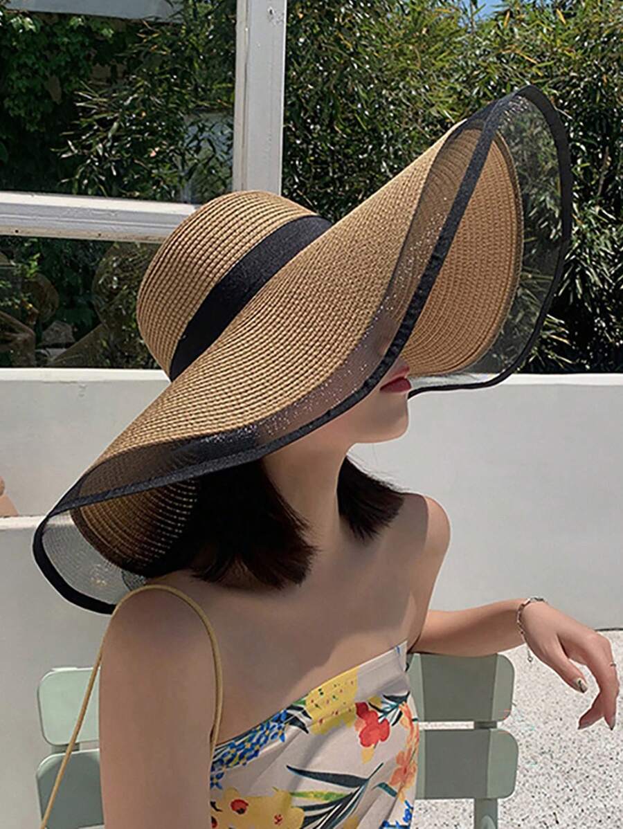大檐太阳帽，女士优雅欧根纱网眼渔夫帽，夏季薄款防紫外线，韩版日系草帽，时尚个性休闲波西米亚复古宫廷风，涤纶绣花丝带防风防紫外线帽子，春夏 - 帽子 - 查看 1