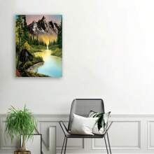 Framed Room Decor Bob Poster, Ross Inspired Canvas Wall Art, Nature Scenery Print, Vibrant Mountain Landscape With Lake And Cabin, Home Decor