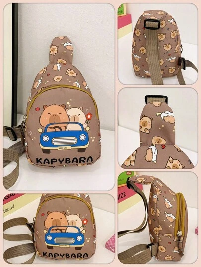 儿童可爱卡通水豚图案印花胸包、轻便运动休闲腰包和斜挎包、户外旅行度假腰包带可调节肩带、日常通勤手机零钱斜挎包书包、