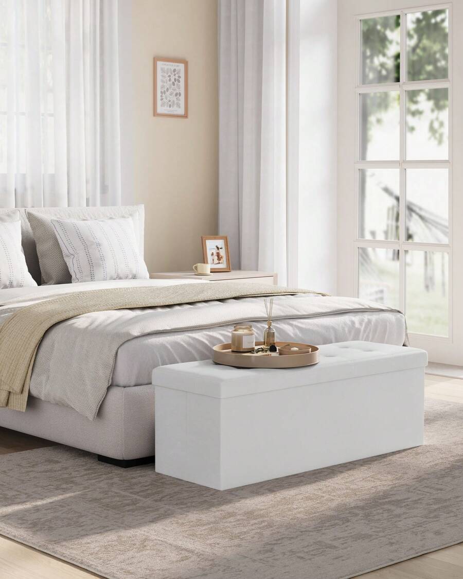 SONGMICS 43 Inches Folding Storage Ottoman Bench Storage Chest Footrest Padded Seat Faux Leather, Holds Up To 660 Lb, Beige,  Black,  Brown, Light Grey, Coffee Brown, Dark Gray - 白色 - 查看 1