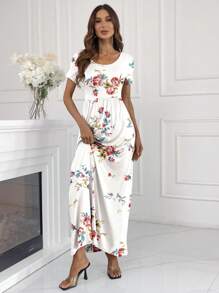 Maxi Dress For Women Short Sleeve Casual Summer Loose Plain Comfy Long Dresses With Pockets - trắng - Xem 5