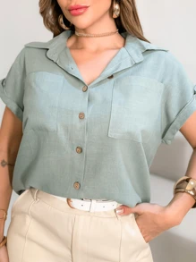 Linen And Cotton Shirt With Two Pocket Detail - Mint Green - View 3