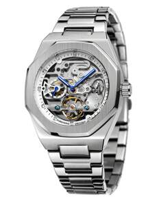 FORSINING 1pc Heren Luxe Tourbillon Skeleton Automatische Mechanische Horloges Roestvrijstalen Band Iced Out Wijzerplaat Lichtgevende Wijzers Mode Zakelijke Casual Heren Horloge Geschenken