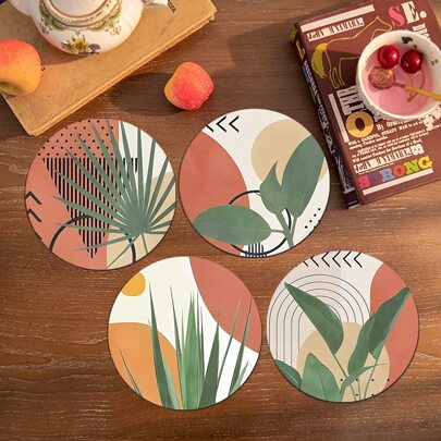 1/4/6件套，波西米亚热带树叶图案几何印花饮料杯垫，10厘米/2毫米厚橡胶软底圆形吸水橡胶饮料杯垫，防滑背衬，装饰杯垫，适用于杯子，家庭厨房餐桌装饰桌垫，装饰杯垫，厨房装饰，餐桌装饰