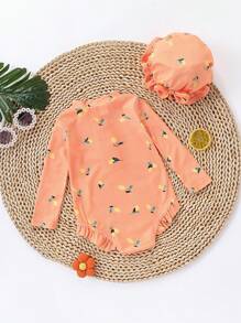 Young Girl Summer Floral Print Swimsuit With Hat, 2pcs Set