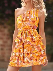 Women One Shoulder Floral Printed Short Dress Summer High Waist Tiered Layer A-Line Mini Dress Beach Holiday Vacation Dating Night Out Party Wedding Guest Valentine Dress Sundress - Màu vàng - Xem 3