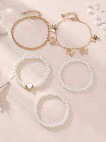5pcs Luxurious Faux Pearl & Bead Butterfly, Heart Pendant Multilayer Anklet For Teens & Kids, Casual & Holiday