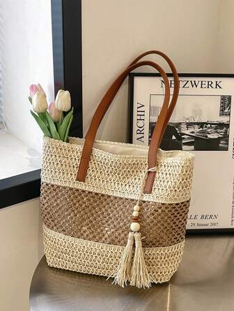 1 件新款夏季拼色大容量草编包，时尚女士手提包沙滩旅行包带流苏拉链开合单肩包购物袋