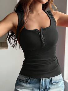 Women's Summer 90s Retro Sexy Casual Solid Color Sleeveless Slim Fitting Top - Black - View 6