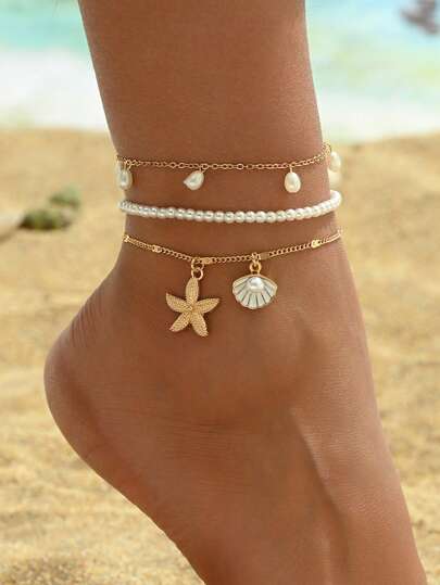 3pcs/Set White Pearl Tassel Sea Star Shell Pendant Anklet Gold Color Multilayer Women Foot Jewelry, Suitable For Daily Wear And Vacation