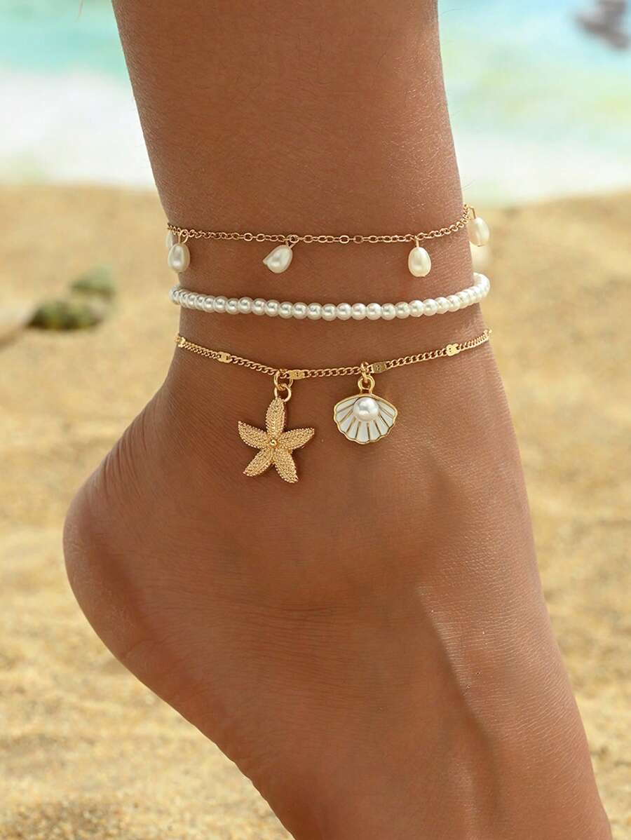 3pcs/Set White Pearl Tassel Sea Star Shell Pendant Anklet Gold Color Multilayer Women Foot Jewelry, Suitable For Daily Wear And Vacation - Multicolor - View 1
