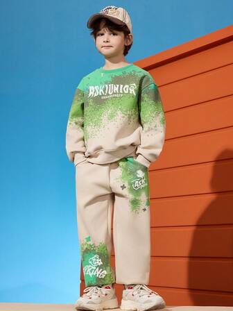 ASK JUNIOR 2pcs/Set Tween Boys Gradient Print Long Sleeve Hoodie & Pants Set