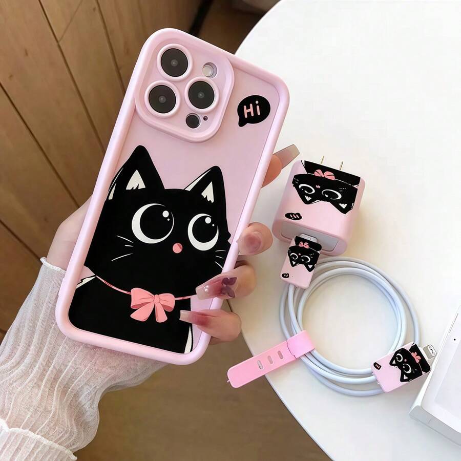 5 件/套黑猫粉色蝴蝶结手机壳 + 数据线保护套 兼容 Apple 快速充电线，兼容 iPhone11/12/13/13Promax/14/14Pro/14Plus/14Promax/15/15Pro/16/16Plus/16Promax/16Pro/15Promax XR XSM 保护壳套装 - 彩色 - 查看 1