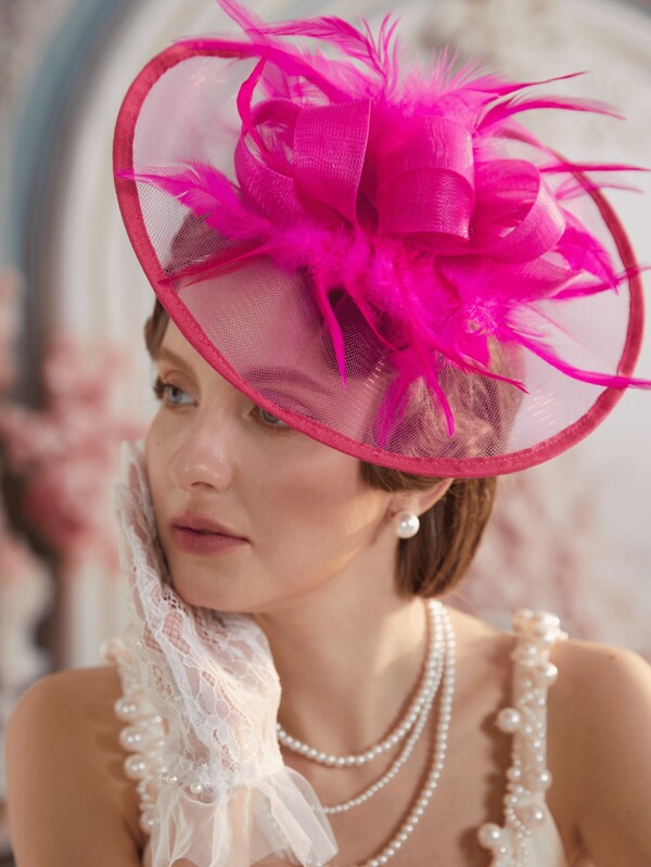 YBYR 1 Piece Hot Pink Fascinator Hat 20s Pillbox Hat Tea Party Hat Kentucky Derby Feather Wedding Headwear For Women