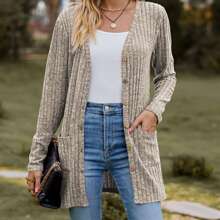 Women's Long Sleeve Open Front Knit Ribbed Cardigan Sweater With Pockets 2025 Winter Lightweight Cardigans Outerwear - Màu Khaki - Xem 2