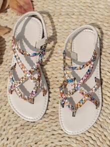 Nieuwe platte teenring ronde teen zomer plus size slip-on geweven sandalen, casual en modieuze Europese stijl