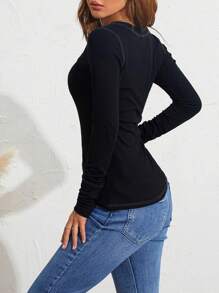 Women Y2k Long Sleeve Tops Slim Fit T-Shirt Contrast Color Scoop Neck Button Shirts Fairy Grunge Vintage Cotton Going Out Tops Aesthetic Clothes Streetwear Fall Spring Outfit - màu đen - Xem 6