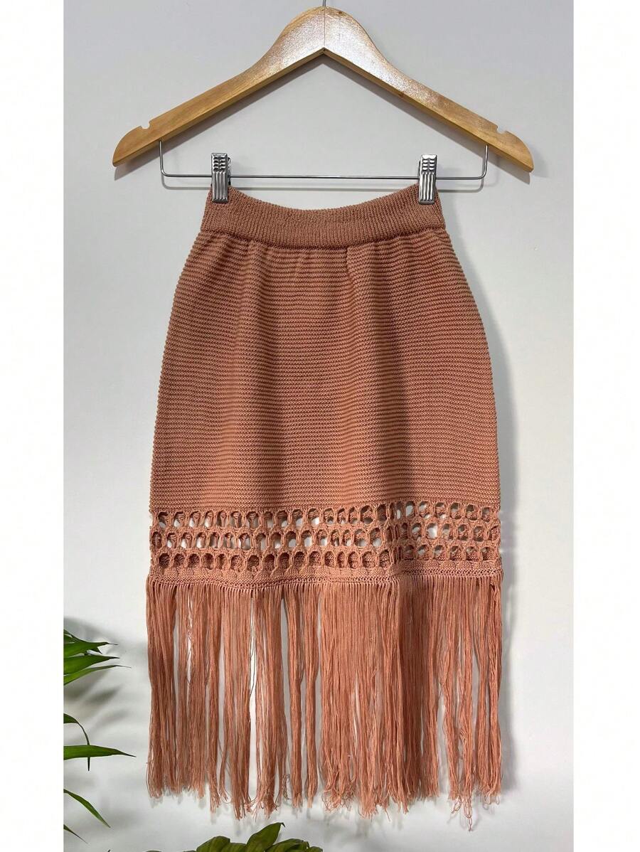 Skirt Knitted Beach Cover-Up With Fringes And Detail On The Hem. - Màu be - Xem 1