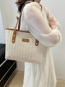 女士编织手提包，时尚度假沙滩包，大容量多功能通勤单肩包 - 咖啡棕 - 查看 4