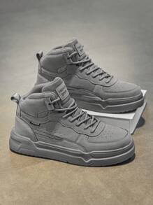 （尺码偏小）男士黑白拼布运动鞋，小众设计前系带高帮滑板鞋，舒适情侣运动鞋 - 灰色 - 查看 3