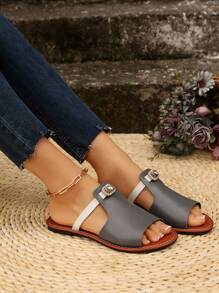 Women's Fashion Casual Color Block Cute Rhinestone Thong Sandals, Beach Slippers - Brown Gray - View 6