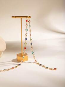 imoli 1pc Bohemian Style Copper Chain Colorful Crystal Rhinestone Heart & Y-Shaped Tassel Pendant Necklace For Women, Party Gift (Handmade Chain Cut To Size, Varying Crystal Quantity & Random Color Combination, Model Image For Reference Only)