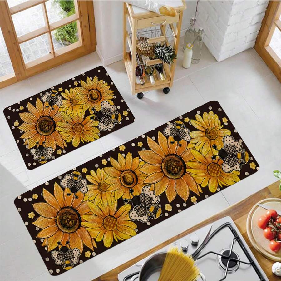 1pc Black Kitchen Rug - Spring Sunflower Pattern, Polyester Non-Slip Soft Lightweight Carpet, Suitable For Entryway, Laundry Room, Bedroom, Rectangular Machine Washable Mat, Ideal Home Decor For All Seasons - Multicolor - View 1