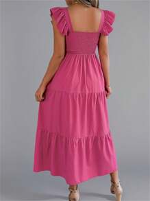 New Summer Square Neck Rose Red Dress Tiered Smocked Backless Sleeveless Pure Color Midi Slip Beach Cover Up Resort Ready Womens Vacation Sundress - 玫紅色 - 查看 2