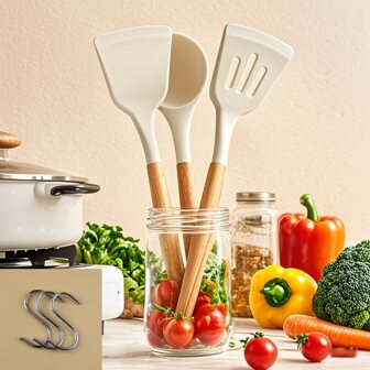 硅胶厨具套装，6件不粘厨房烹饪工具，耐高温加厚硅胶铲，煎锅铲，汤勺，配套收纳挂钩方便收纳，厨房必需品，开学用具