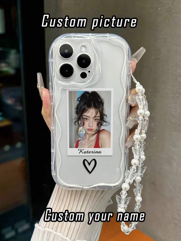 Handyschutzhülle mit cremefarbener Schwungwellen-Kante, glänzendem Herz und selbstgestalteter Fotobemalung sowie einer handgefertigten Perlenarmband, kompatibel mit iPhone XR/7/8, iPhone 16/16 Pro/16 Plus/16 Pro Max, iPhone 15 Pro Max, iPhone 13, iPhone 14, iPhone 11, Galaxy, Ximi, Redmi Note 11/Ximi 11 Lite