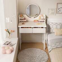 Modern Dressing Table Makeup Vanity Desk 2 Drawers W/ Round Mirror Bedroom White - 白色 - 查看 1