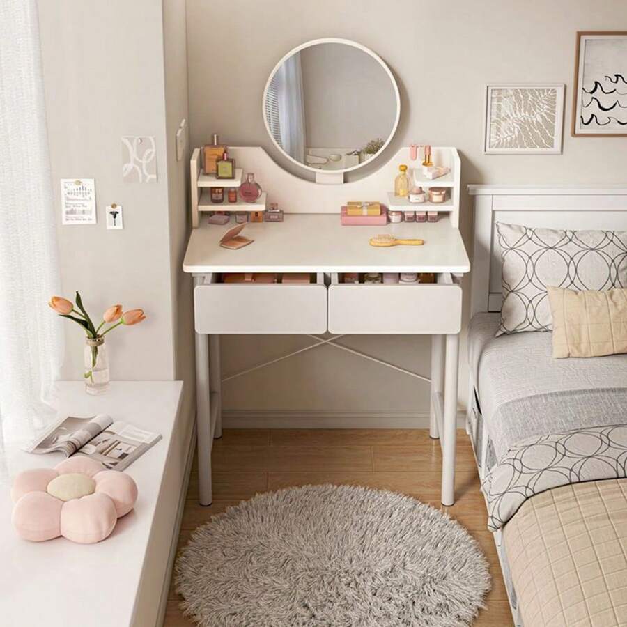Modern Dressing Table Makeup Vanity Desk 2 Drawers W/ Round Mirror Bedroom White - 白色 - 查看 1