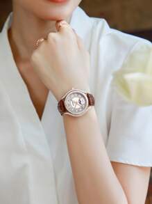 DOM 1pc Women's Fashion Diamond-Studded Moon & Star Dial Mother-Of-Pearl Leather Band Waterproof Wrist Watch