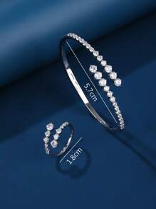 Bộ trang sức vòng tay & nhẫn 2 cái/bộ có thể điều chỉnh, đính đá Zirconia lớn rực rỡ, thiết kế trang nhã và thời trang, thích hợp làm quà tặng cho phụ nữ đeo trong cuộc sống hàng ngày và ngày lễ. - Bạc - Xem 3
