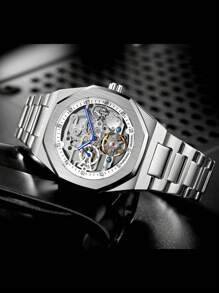 FORSINING 1pc Heren Luxe Tourbillon Skeleton Automatische Mechanische Horloges Roestvrijstalen Band Iced Out Wijzerplaat Lichtgevende Wijzers Mode Zakelijke Casual Heren Horloge Geschenken