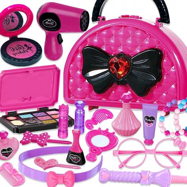 1 Set Kids Pretend Makeup Toys, 20Pcs Pink Fake Makeup & Hair Play Kit For Girls, Ideal Birthday Gift (Not Real Makeup) With Hairdryer, Bracelet, Mirror, Bag, Perfume Bottle, Curling Iron, Glasses (Some Accessories Color Random)