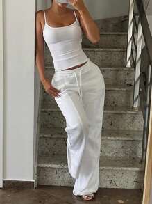 Women's Solid Color Spaghetti Strap Minimalist Top And Pants Casual Set - 白色 - 查看 3