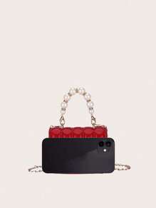 1 pieza Mini bolso de mano/bandolera de niña con solapa y perlas, de estilo plisado y a cuadros en PU, adecuado para uso diario